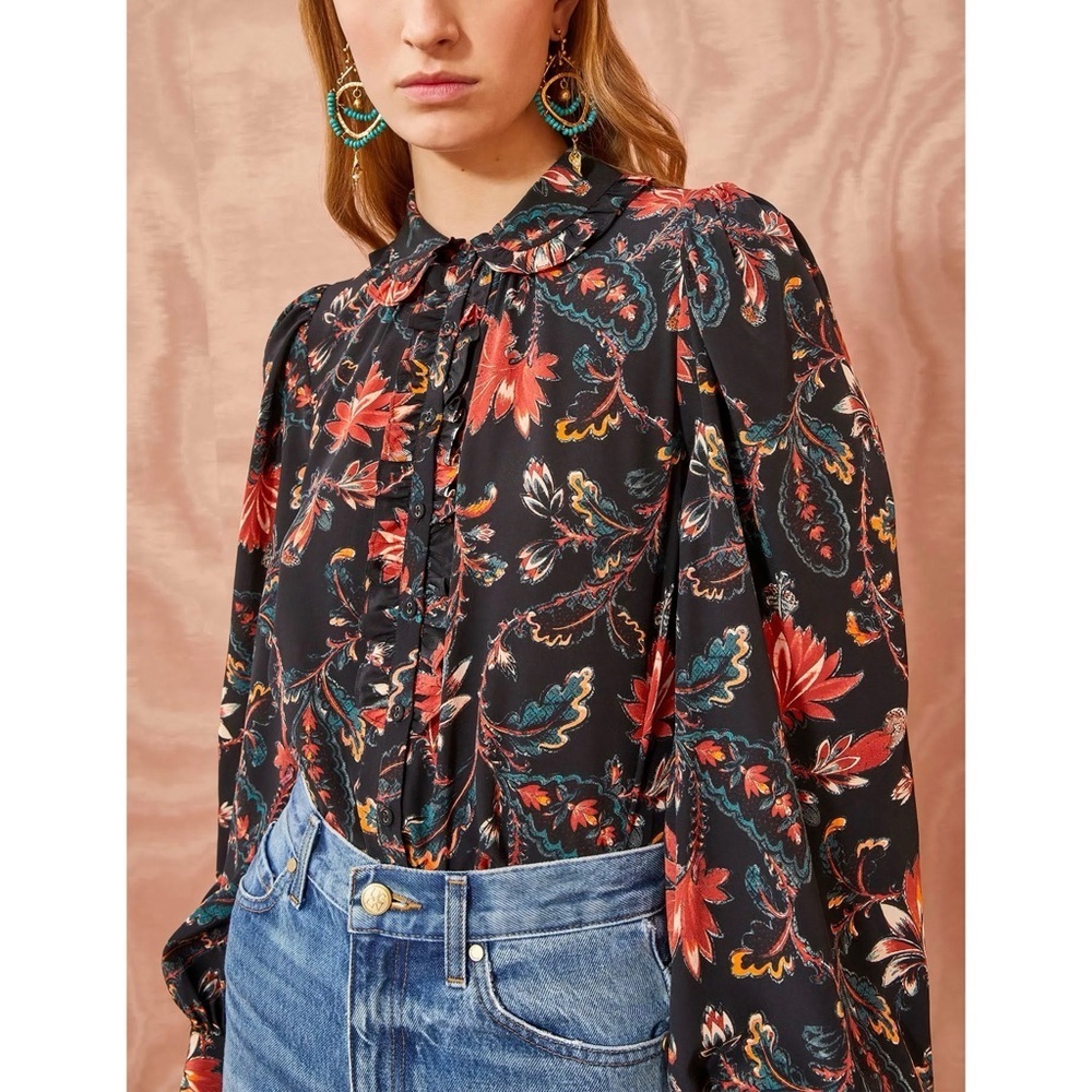 NWT Ulla Johnson Silk Long-Sleeve Floral Ruffle Philipa Blouse